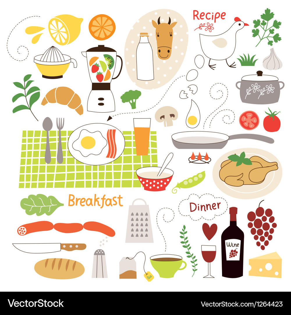 Cartoon Food Ingredients & Tableware Set Vector Image