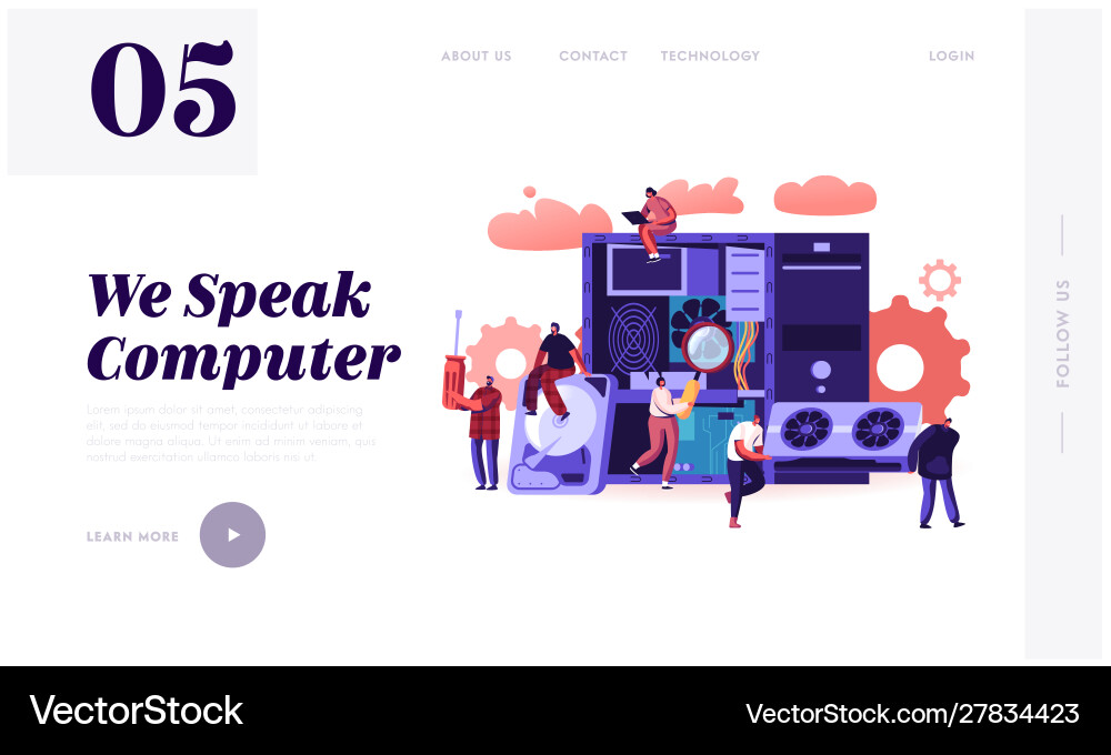 Pc hardware fixing service website landing page Pc hardware fixing service website landing page vector image