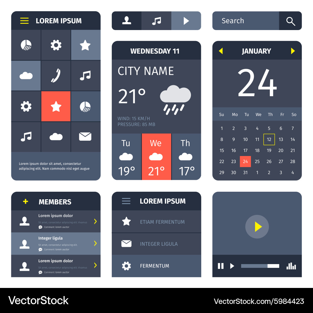 Red and blue set of mobile interface elements vector image
