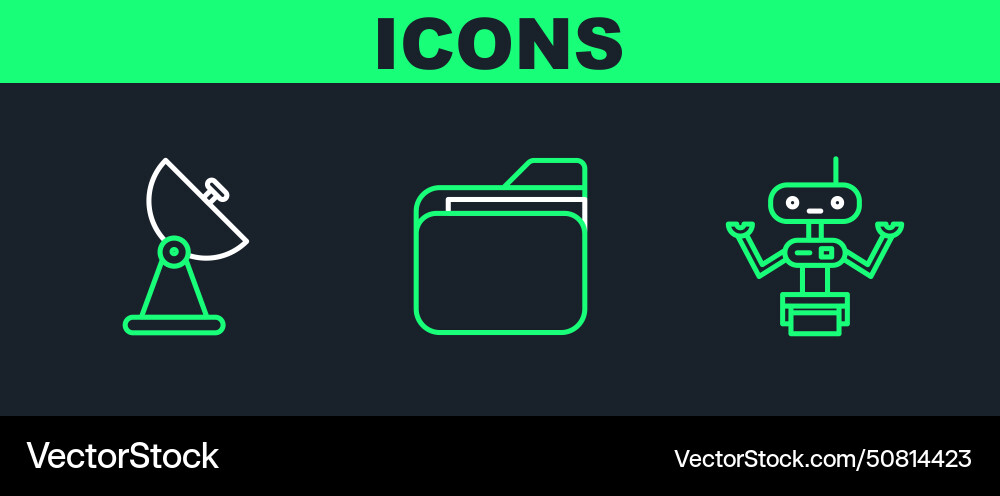 Set line robot radar and document folder icon vector image
