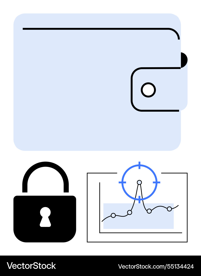 Sichere digitale Brieftasche mit Schloss und Datenanalyse Sichere digitale Brieftasche mit Schloss und Datenanalyse Vektorbild