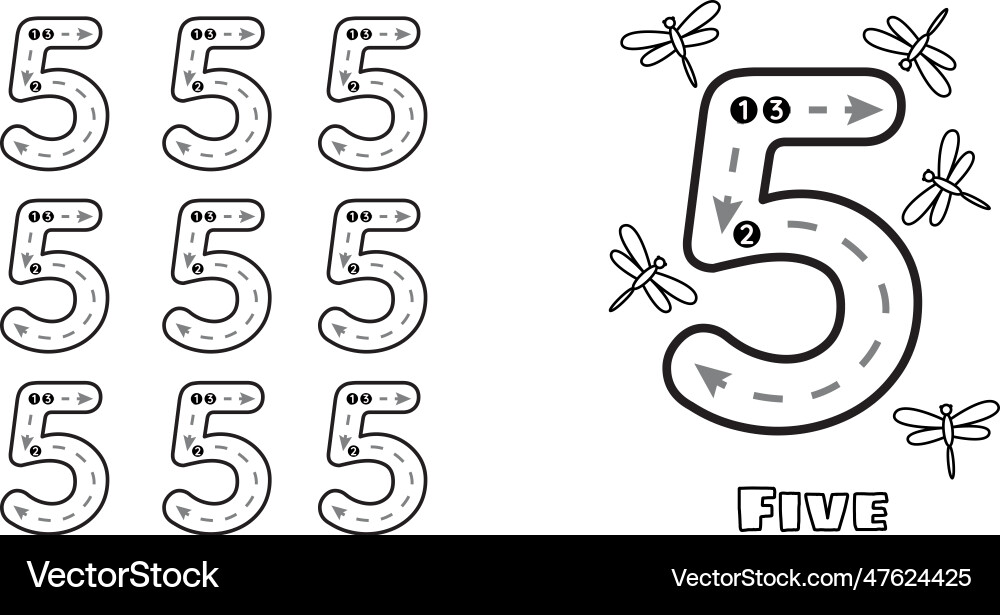 number-five-tracing-worksheet-for-kids-royalty-free-vector