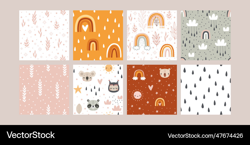 Set of seamless boho patterns with rainbows Set of seamless boho patterns with rainbows vector image