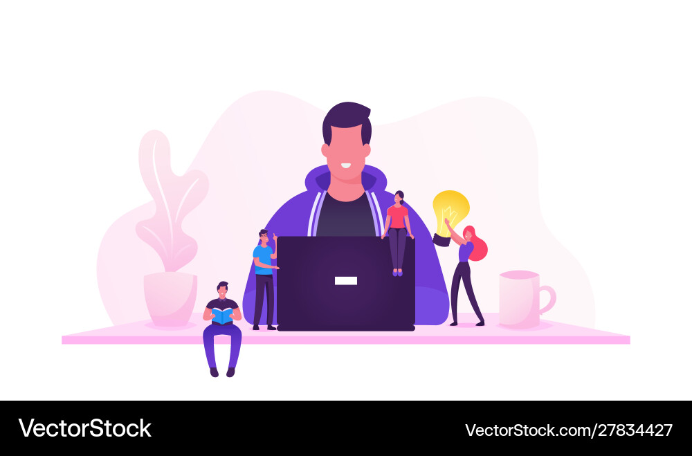 Coder am Schreibtisch mit Tiny People vektorbild