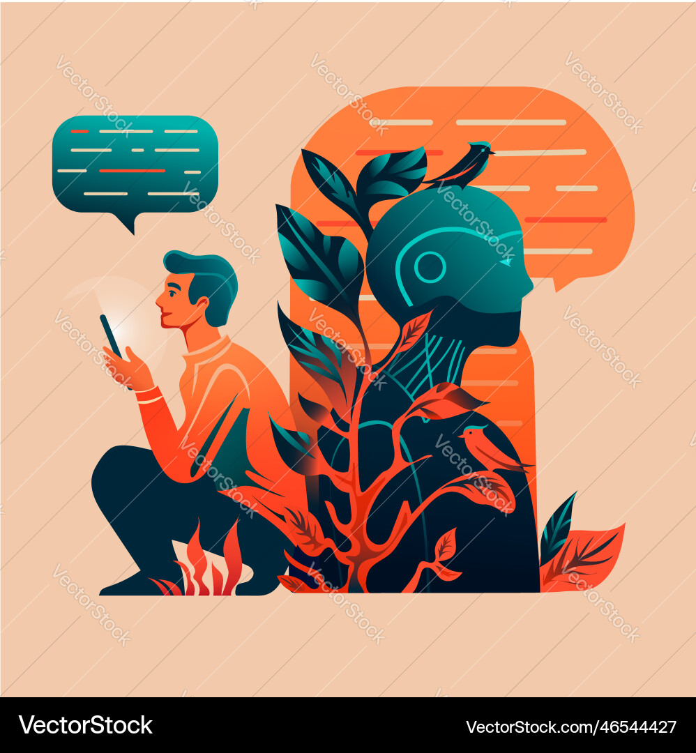 Man communicating with robot Vector Image