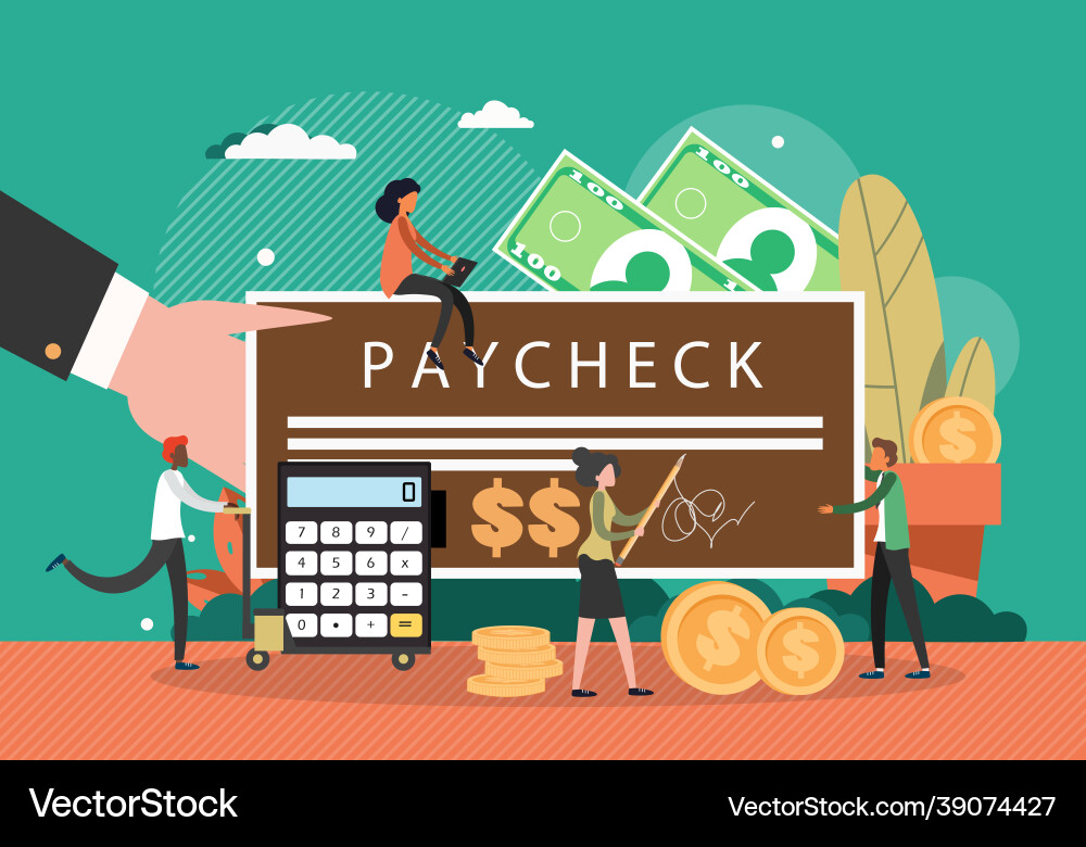 Tiny characters signing and giving paycheck Vector Image