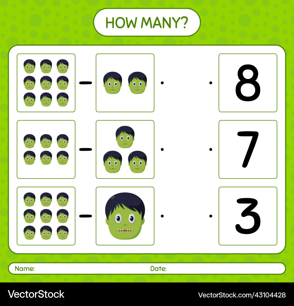 How many counting game with zombie worksheet Vector Image