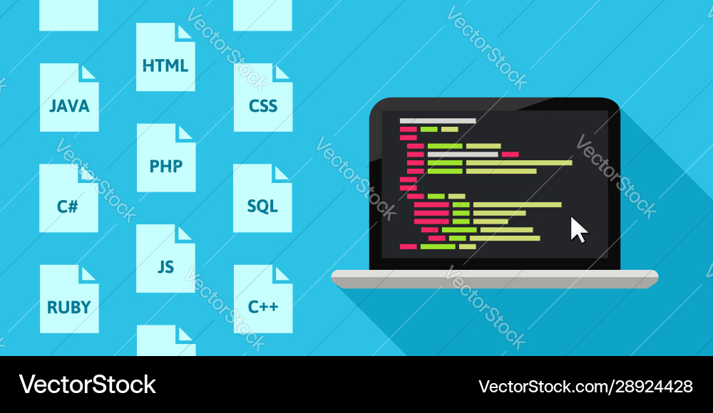Programmiersprachen Konzept mit Laptop und Code vektorbild