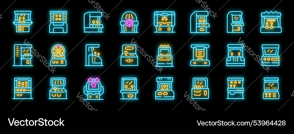 Set of neon arcade game machines icons showing Set of neon arcade game machines icons showing vector image