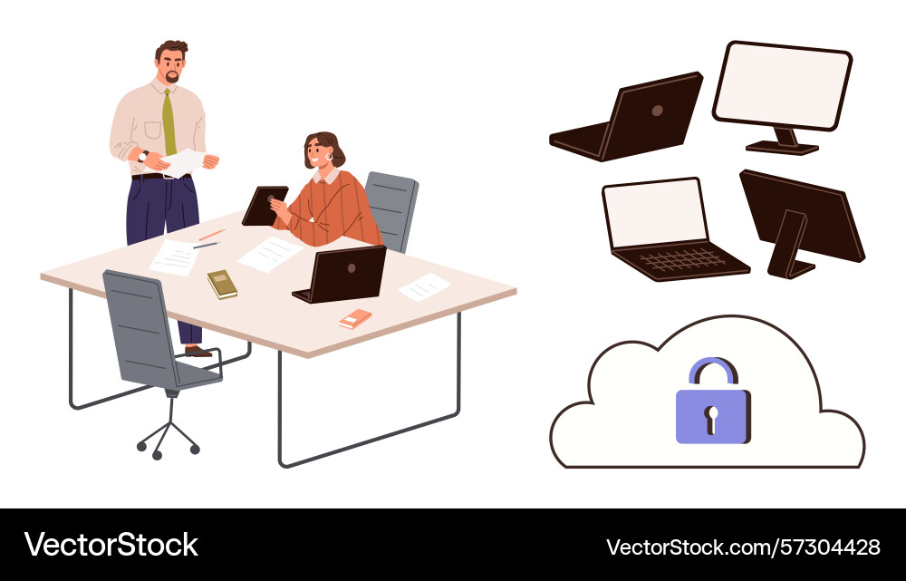 Team discussing digital security while cloud Team discussing digital security while cloud vector image