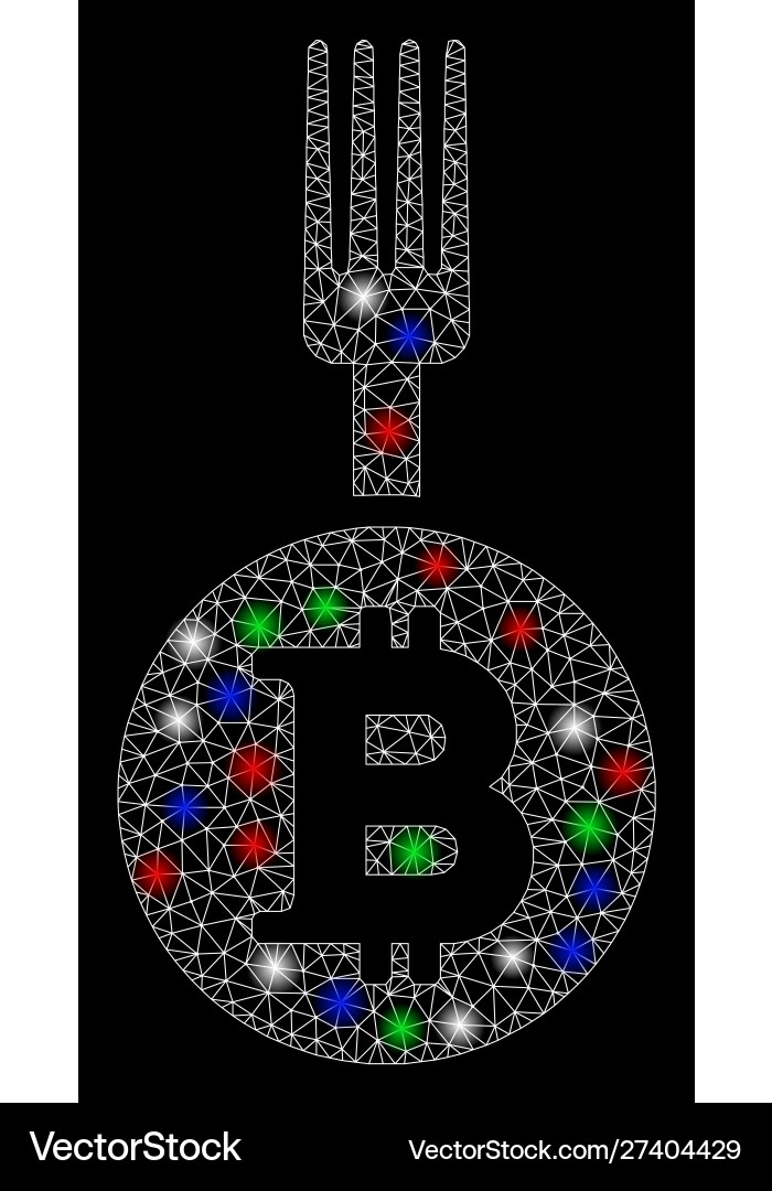 Bright mesh wire frame bitcoin fork with flare Bright mesh wire frame bitcoin fork with flare vector image