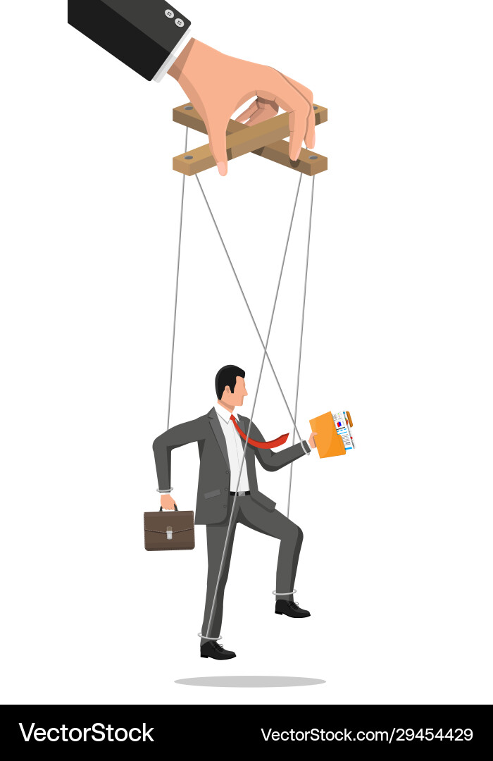 Businessman marionette is hanging on ropes Businessman marionette is hanging on ropes vector image