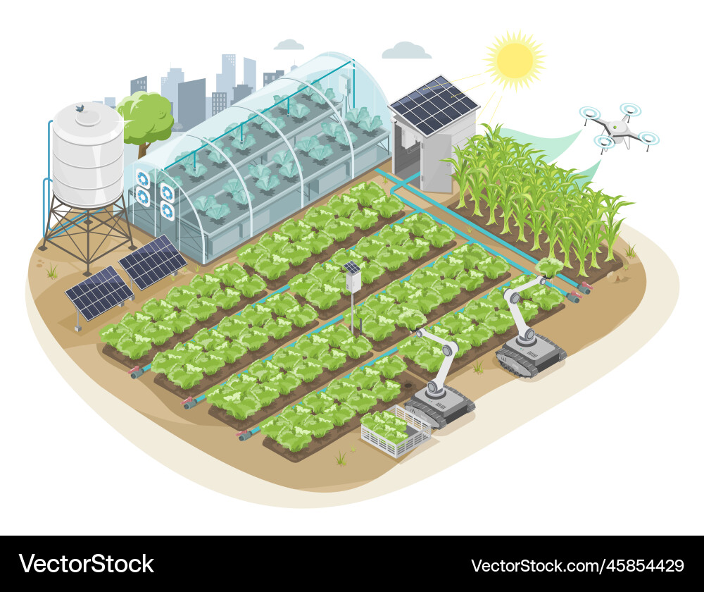 Smart Farm Automation with Robots & Solar vector image