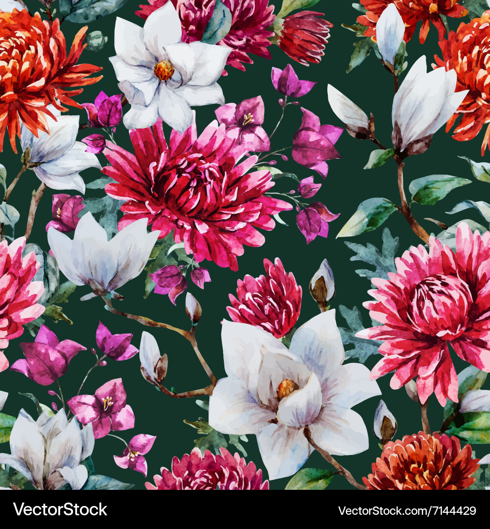 Watercolor Floral Chrysanthemum Magnolia Pattern vector image