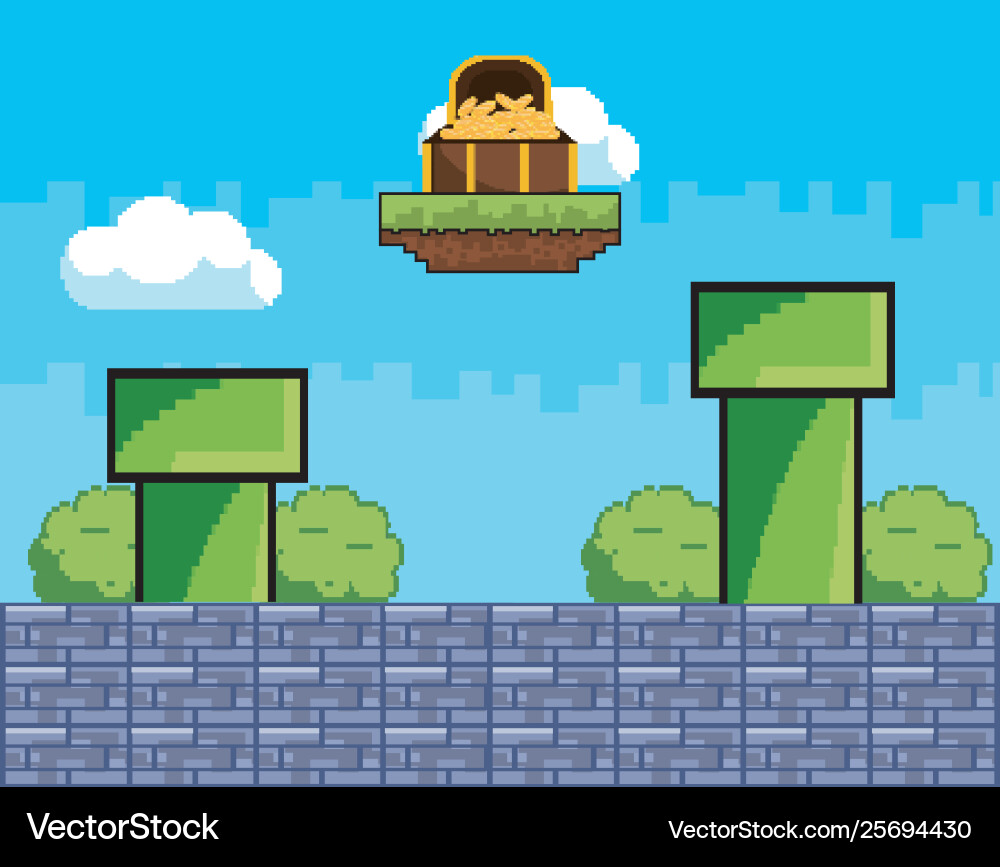 Arcade game world and pixel scene design Vector Image