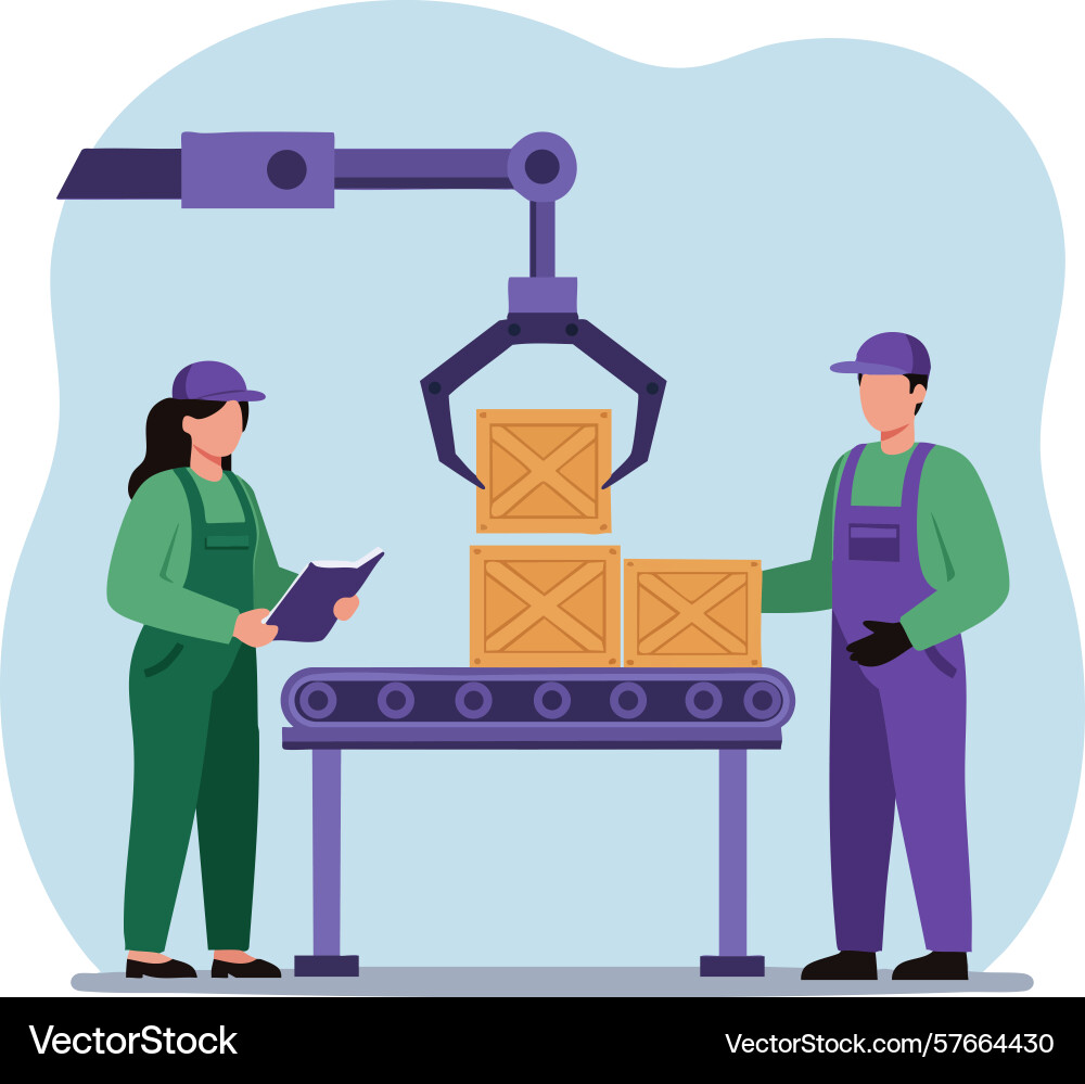 Factory workers operating robotic arm Factory workers operating robotic arm vector image