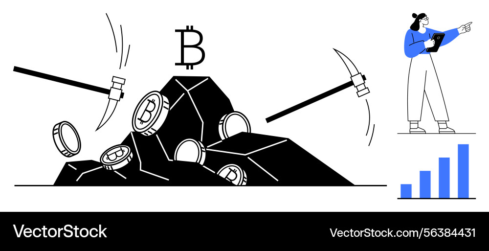 Digital currency mining with pickaxes and analyst Digital currency mining with pickaxes and analyst vector image