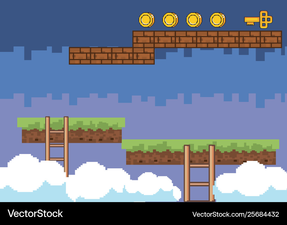 Arcade game world and pixel scene design vector image