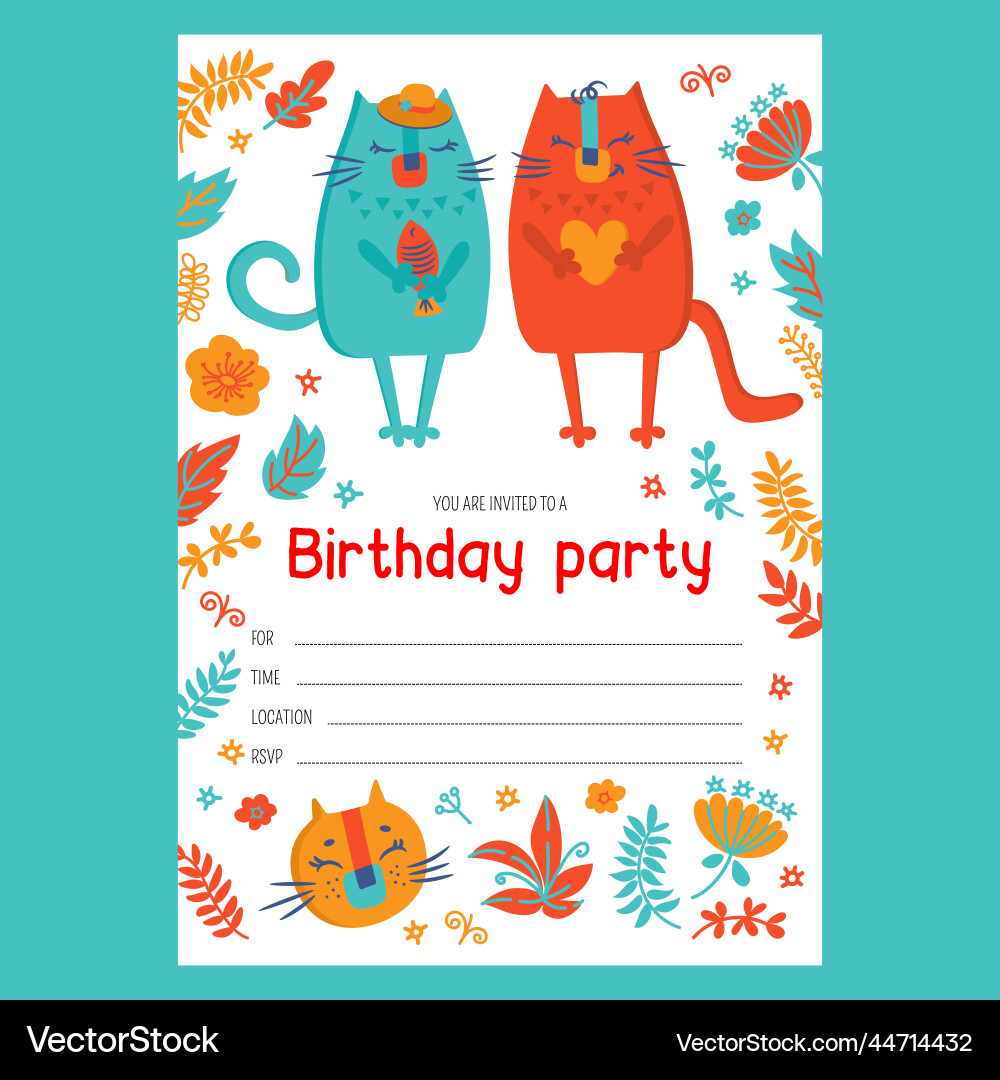Cat girl invites birthday cute flat style text Cat girl invites birthday cute flat style text vector image