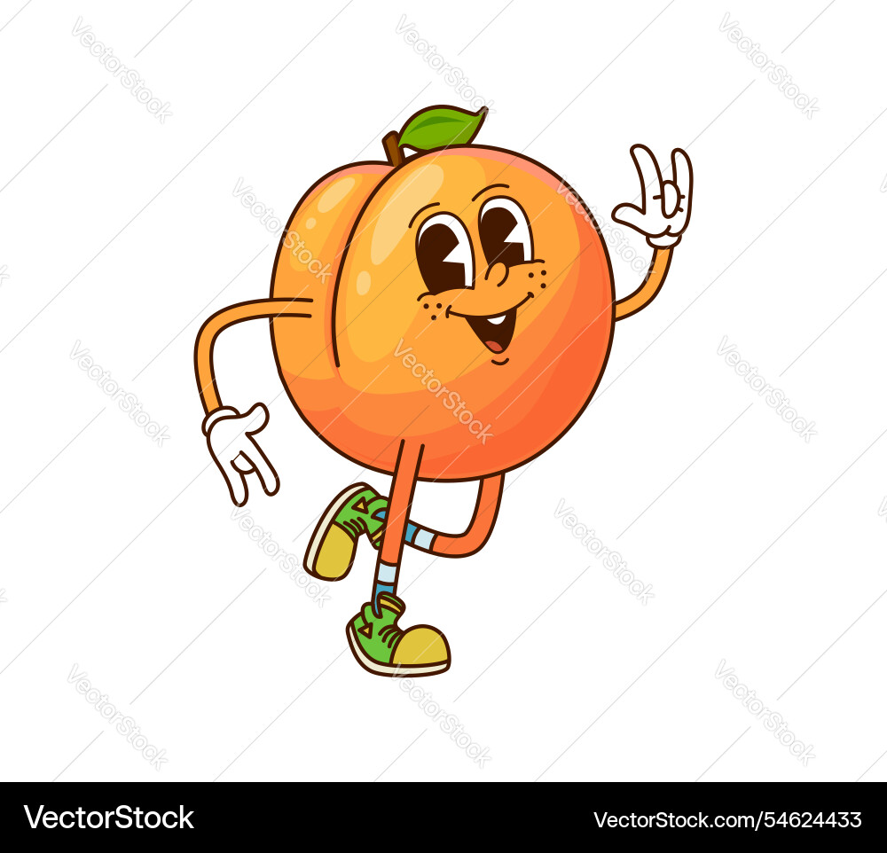 Cartoon lustige groovige Aprikosenfrucht retro Charakter Cartoon lustige groovige Aprikosenfrucht retro Charakter vektorbild