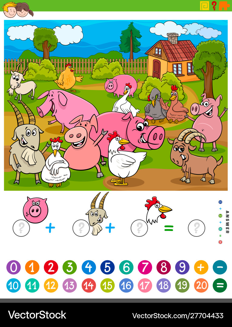 Counting and adding task with cartoon farm animals Counting and adding task with cartoon farm animals Vector Image