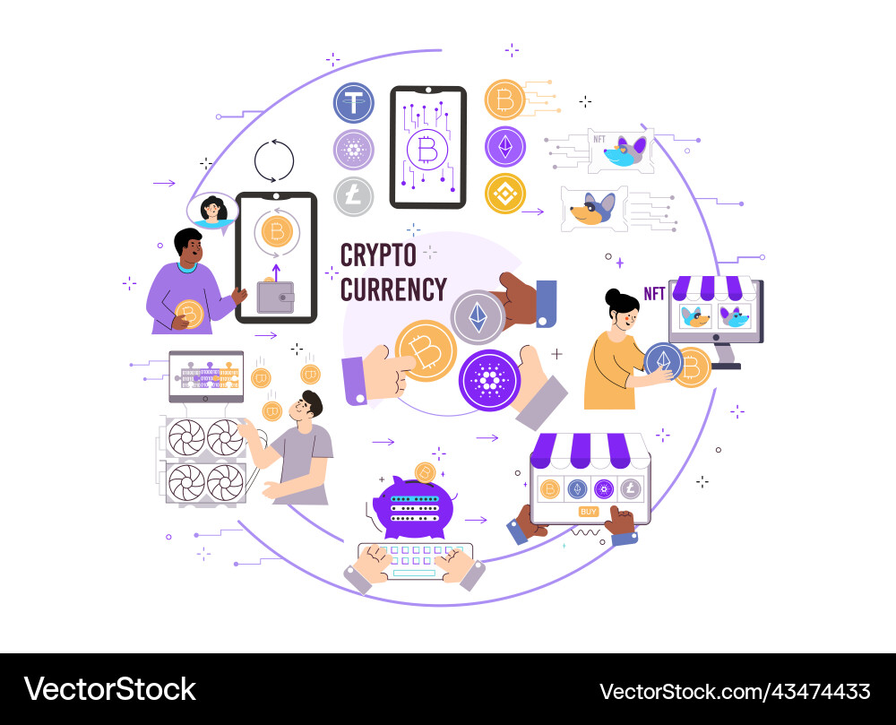Cryptocurrency transactions round composition Cryptocurrency transactions round composition vector image