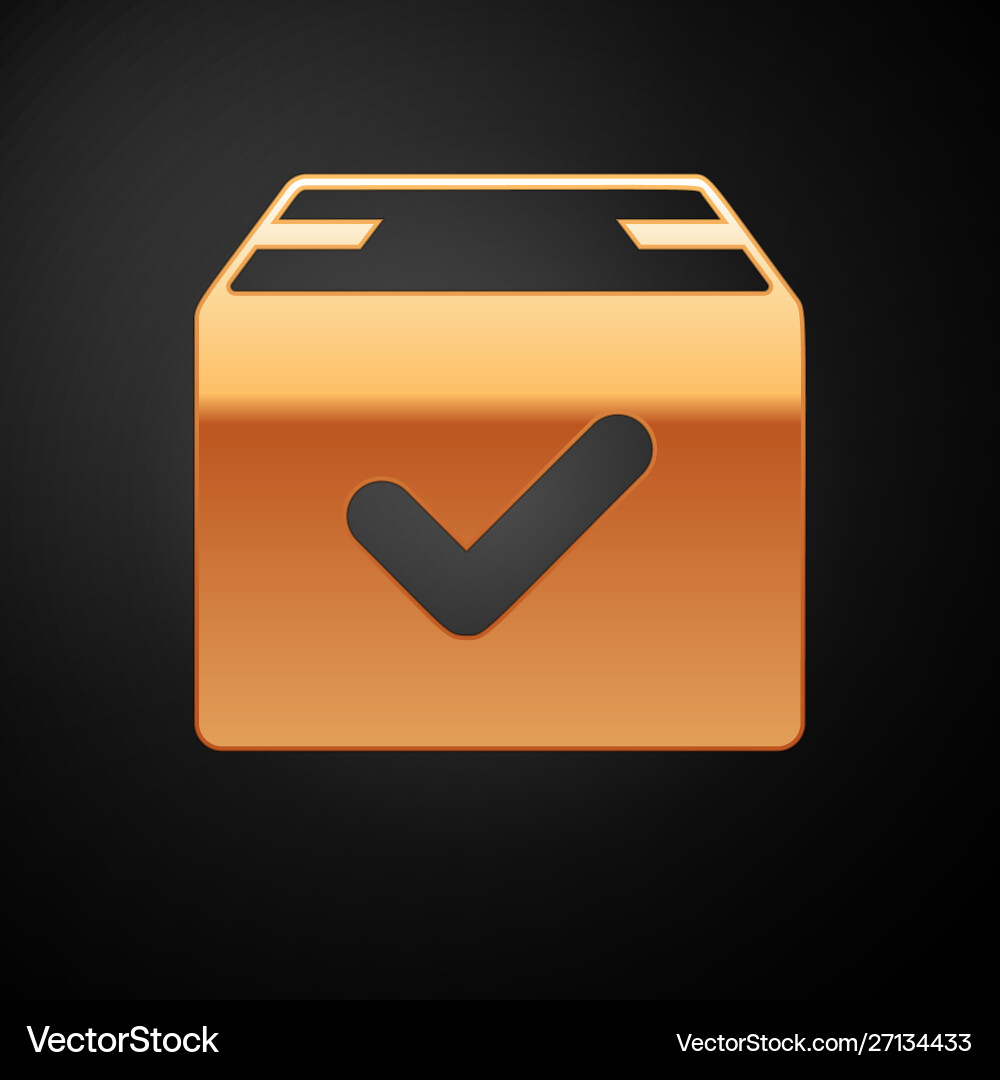 Gold package box with check mark icon isolated Vector Image
