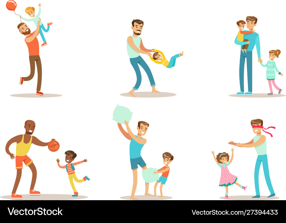 Happy fathers playing having fun and enjoying Happy fathers playing having fun and enjoying vector image