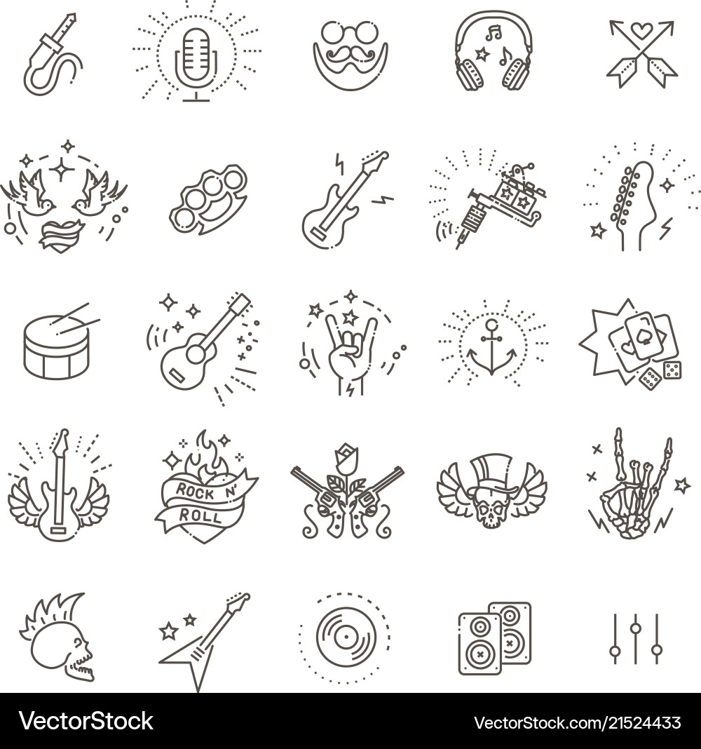 Rock and roll line icon set vector image