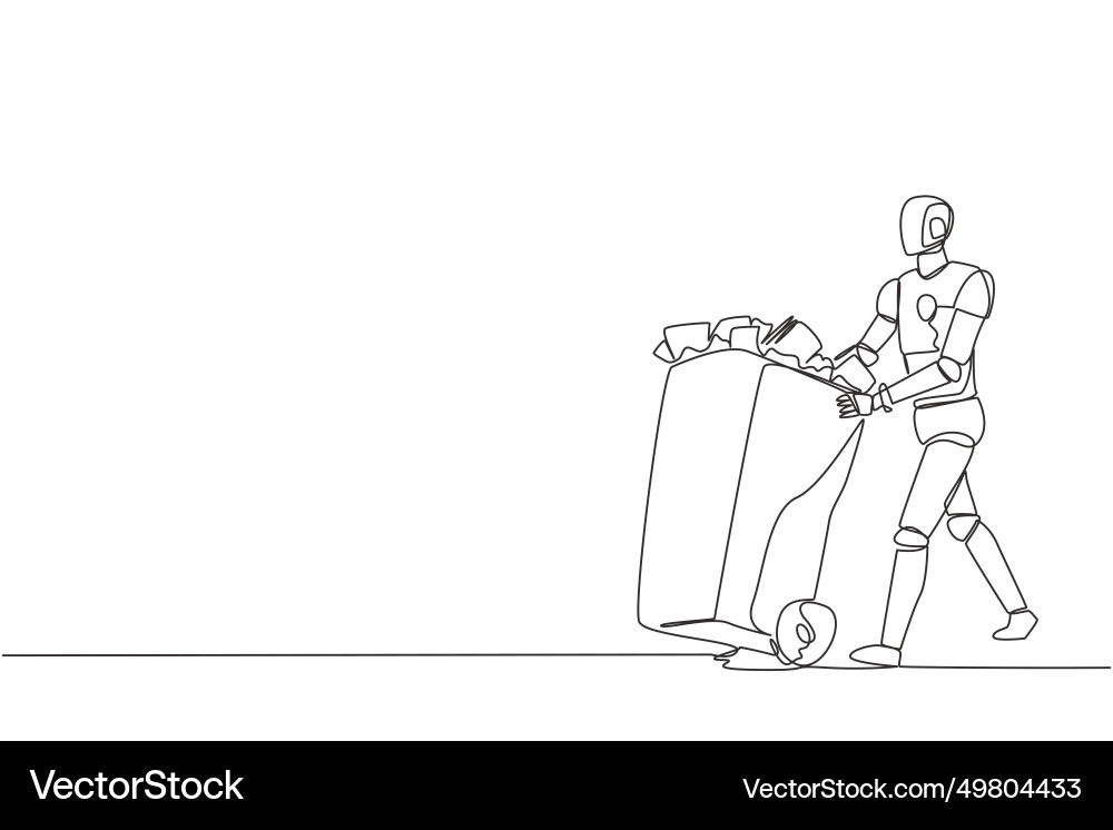 Single one line drawing robot pushing a trash can Single one line drawing robot pushing a trash can vector image