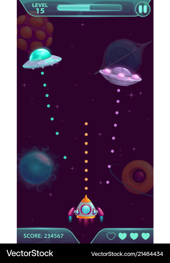 Cosmic UFO Shooter Game UI Vector Image