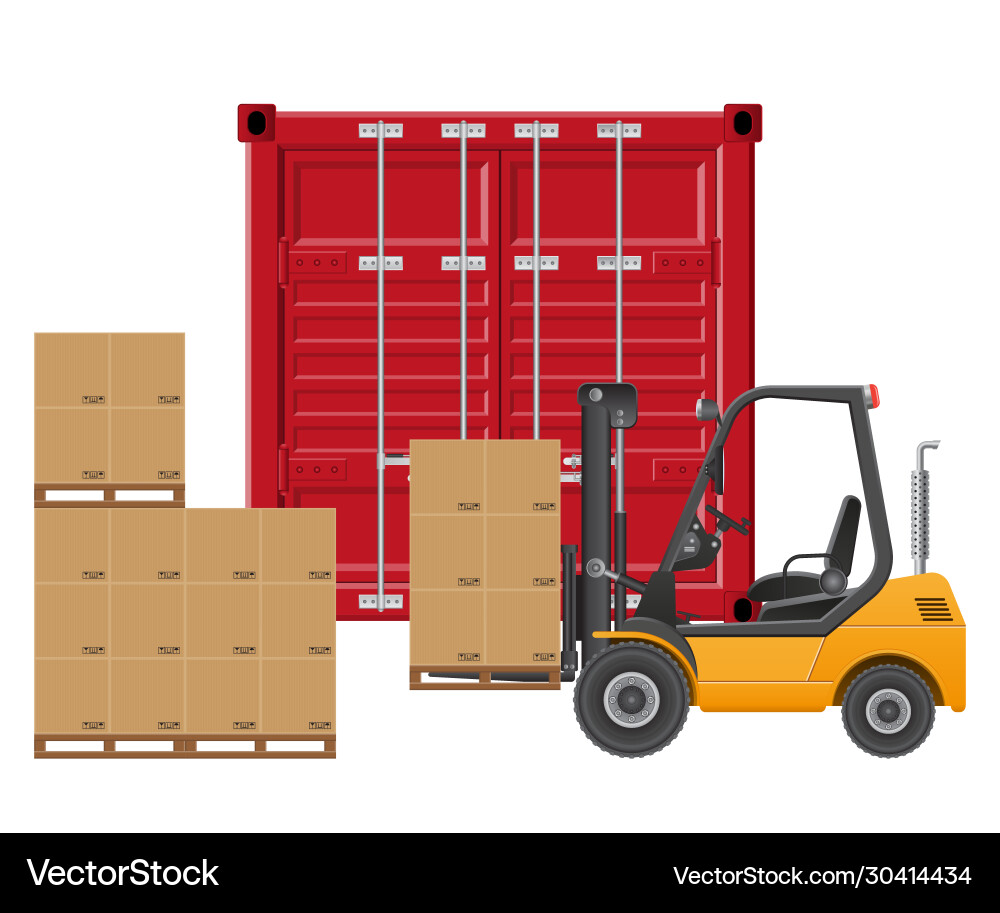 Forklift loading cargo container Forklift loading cargo container Vector Image