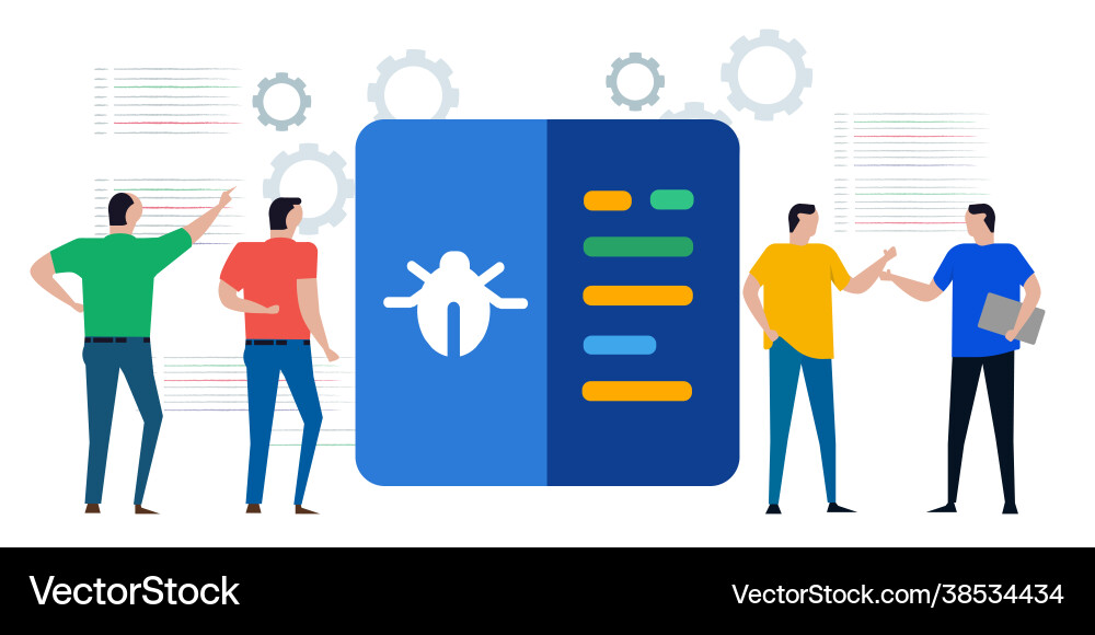 Team programmer developer looking for bug bugs Team programmer developer looking for bug bugs Vector Image