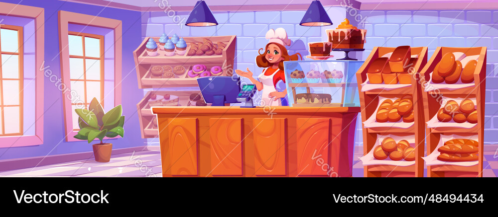 Woman near bakery shop counter cartoon Woman near bakery shop counter cartoon vector image