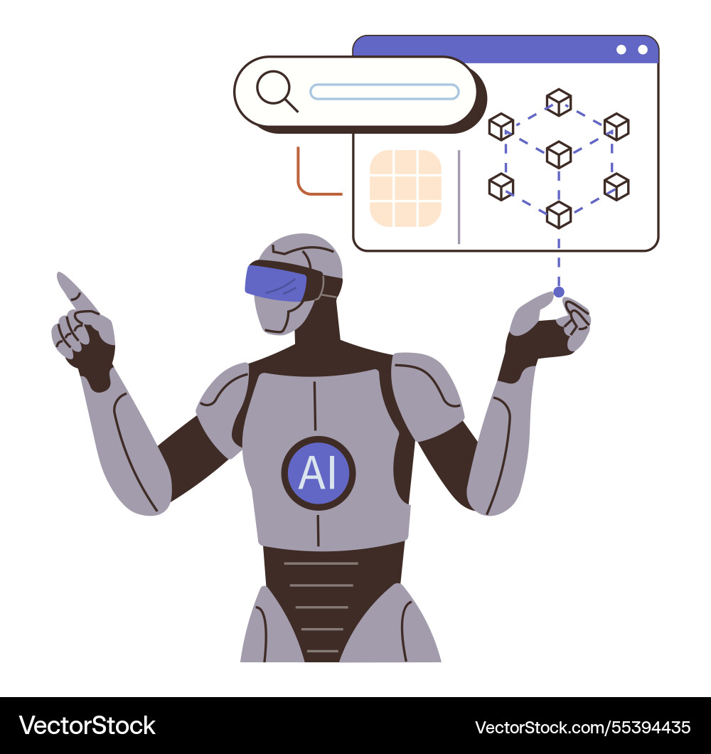 Ai Roboter analysiert Blockchain-Netzwerk und Suche Ai Roboter analysiert Blockchain-Netzwerk und Suche vektorbild