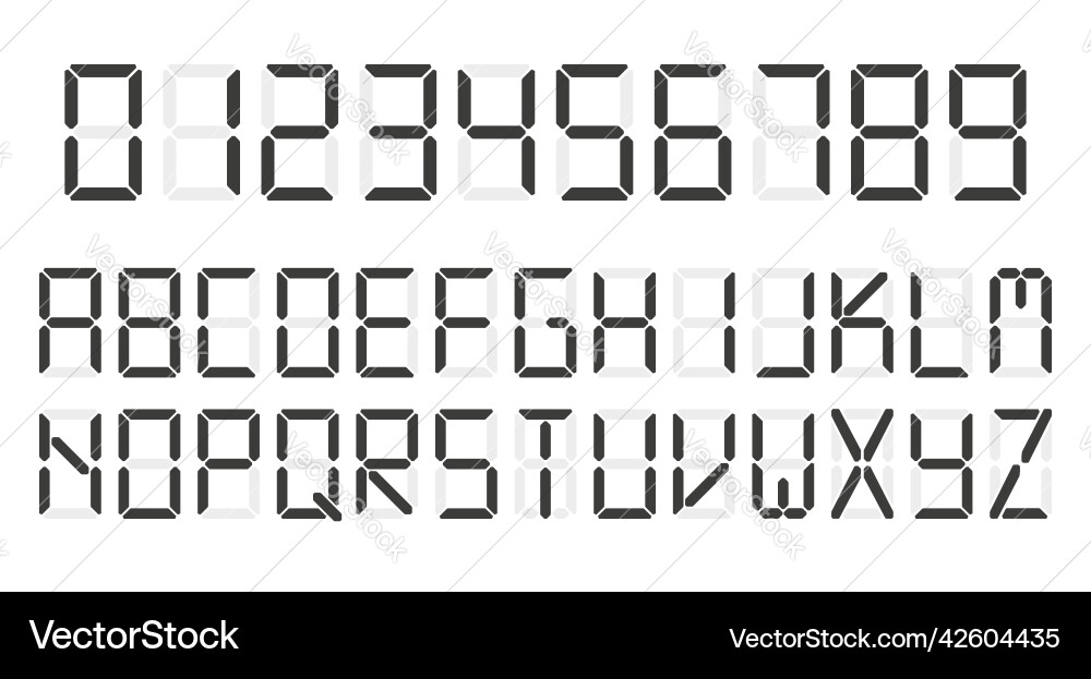 Digital clock number set led digit alphabet flat Digital clock number set led digit alphabet flat vector image