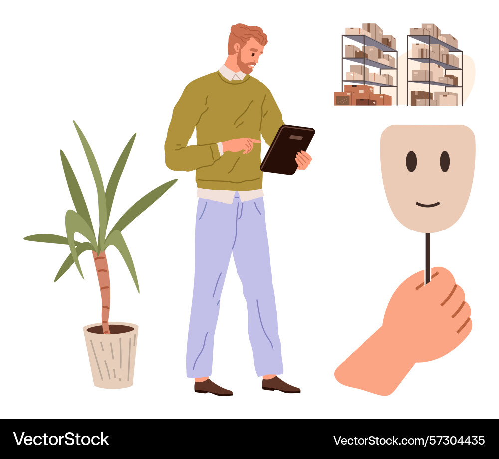 Man with tablet evaluating bookshelves while vector image