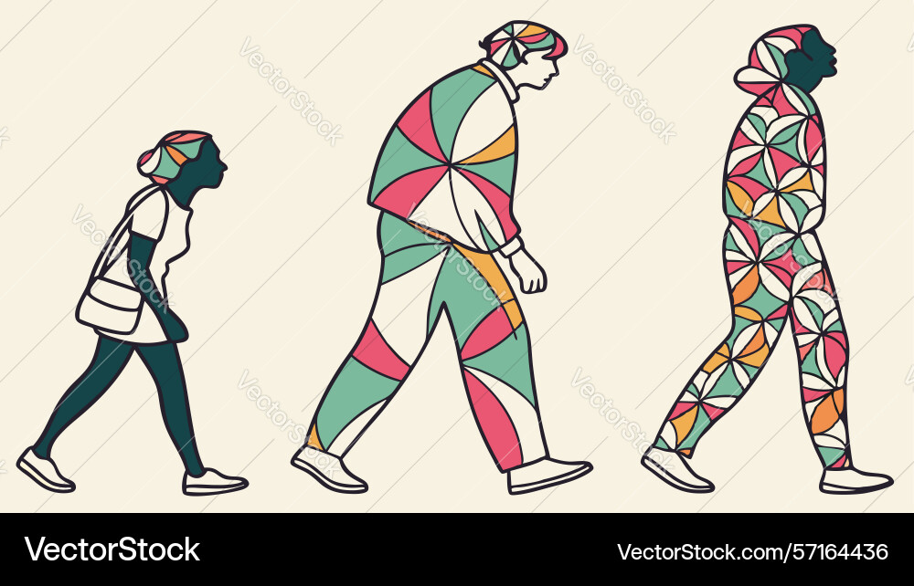 Abstract figures walking with geometric patterns vector image