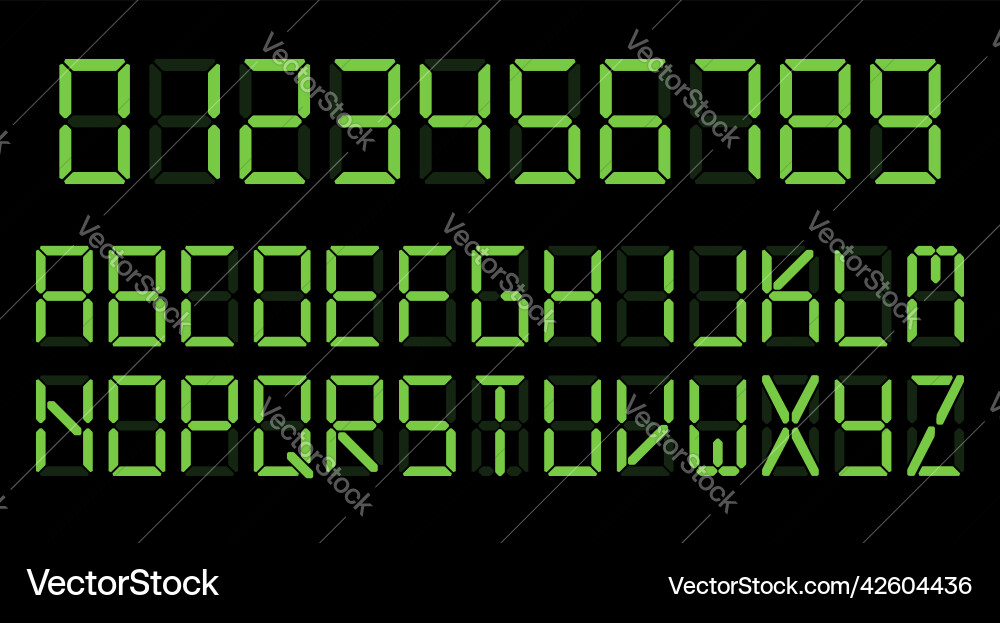 Green digital clock number set led digit alphabet Vector Image