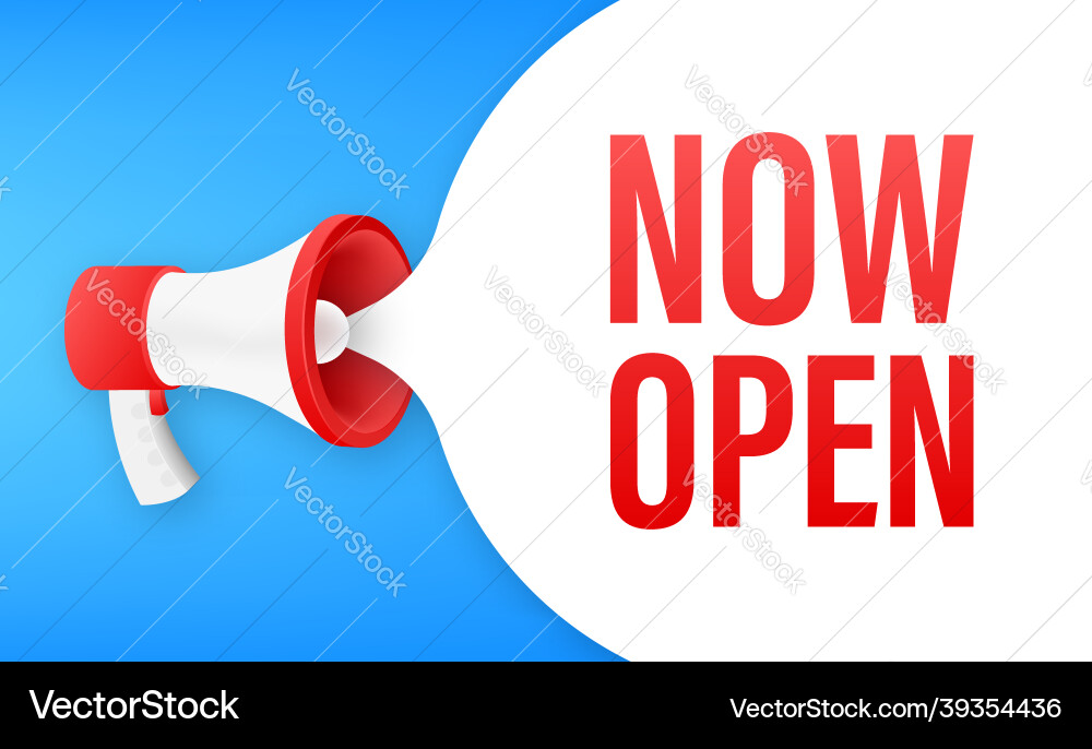 Megaphone with now open banner web Megaphone with now open banner web vector image