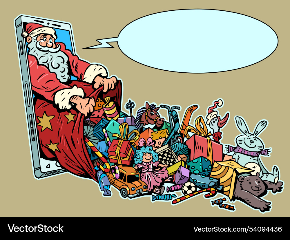 Santa claus gives toys from the phone order gifts Santa claus gives toys from the phone order gifts vector image