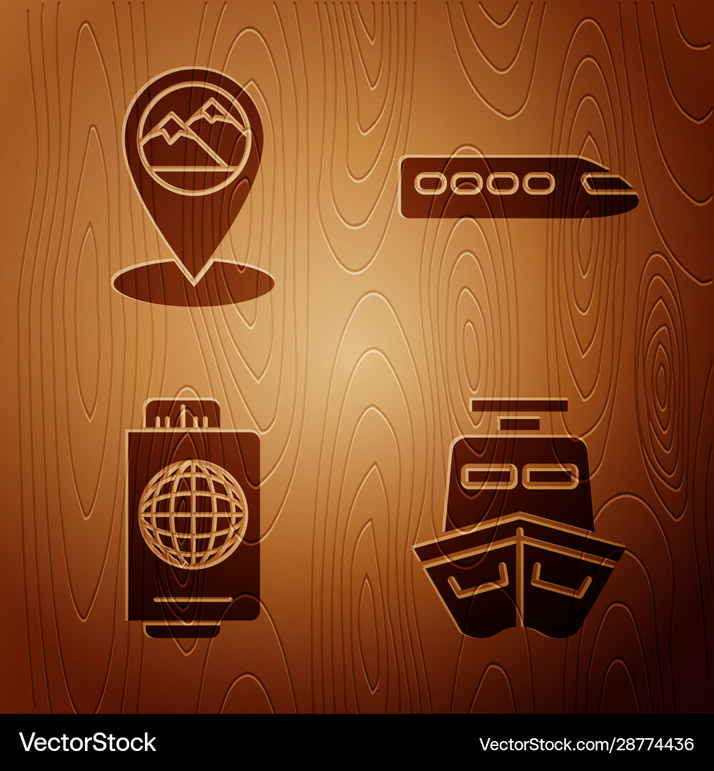 Set ship map pointer with mountain passport Set ship map pointer with mountain passport vector image