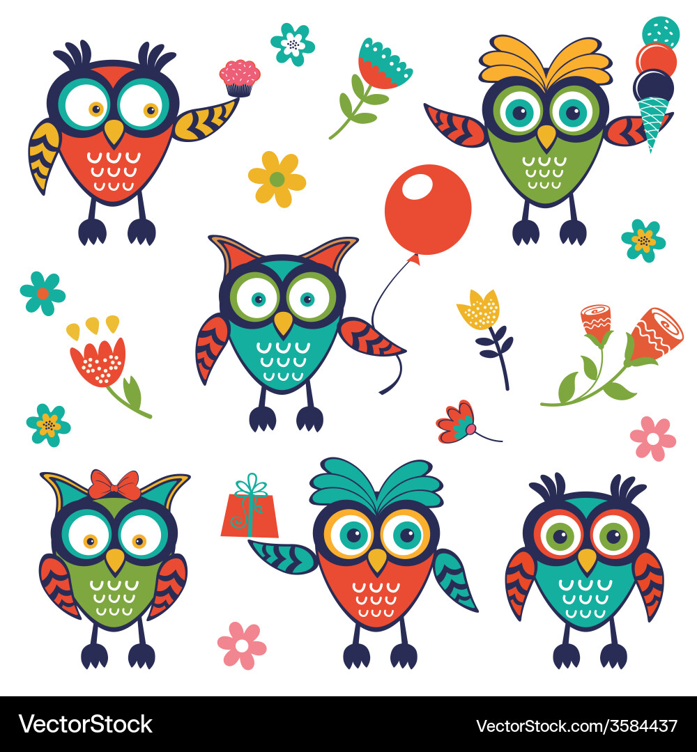 A stylish collection of cute funny owls Vector Image