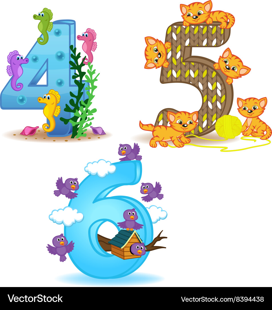 Numbers with Animal Illustrations (4-6) Vector Image