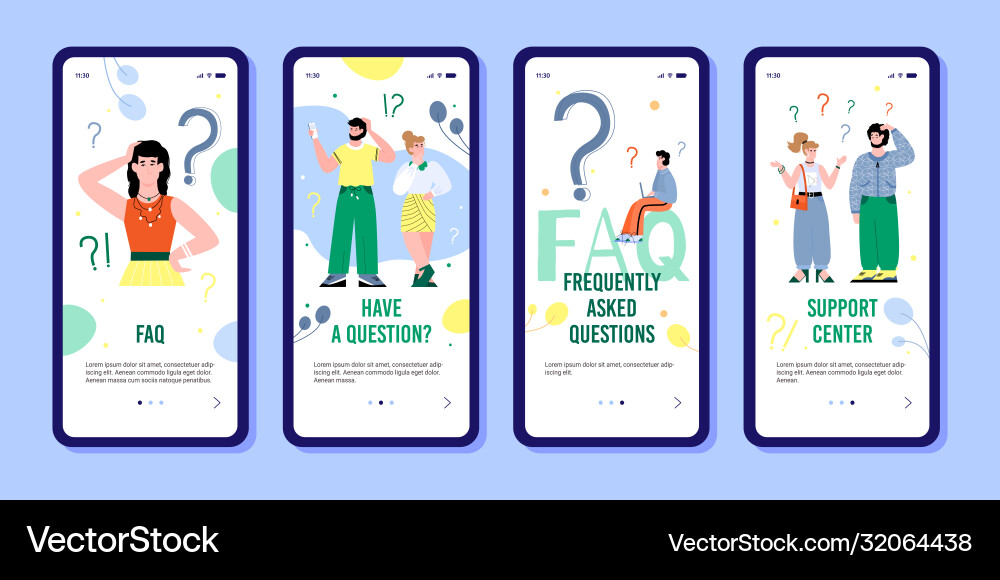 Onboarding set for faq and customers support flat Onboarding set for faq and customers support flat vector image