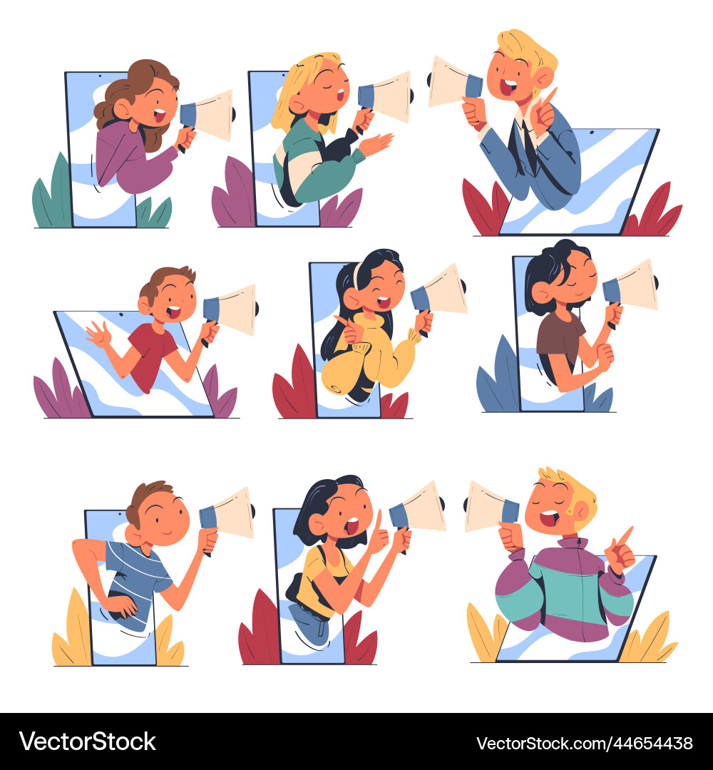 People characters with megaphone shouting from Vector Image