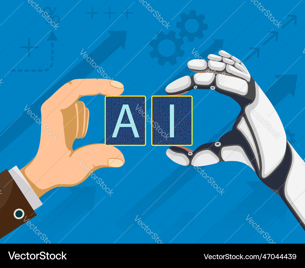 Robot and man hold artificial intelligence icons vector image