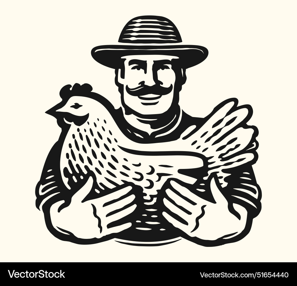 Farmer in hat holding live chicken poultry farm Farmer in hat holding live chicken poultry farm vector image