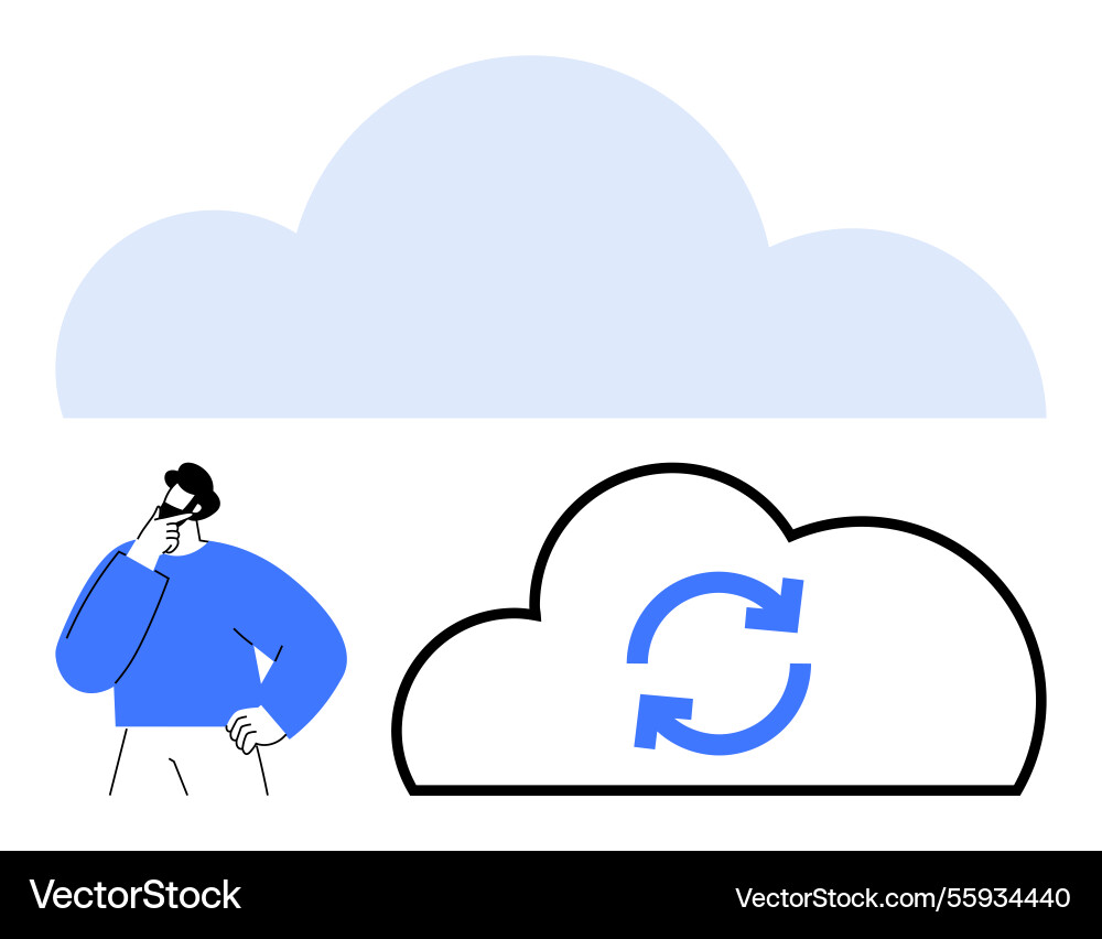 Man contemplating cloud synchronization Man contemplating cloud synchronization Vector Image