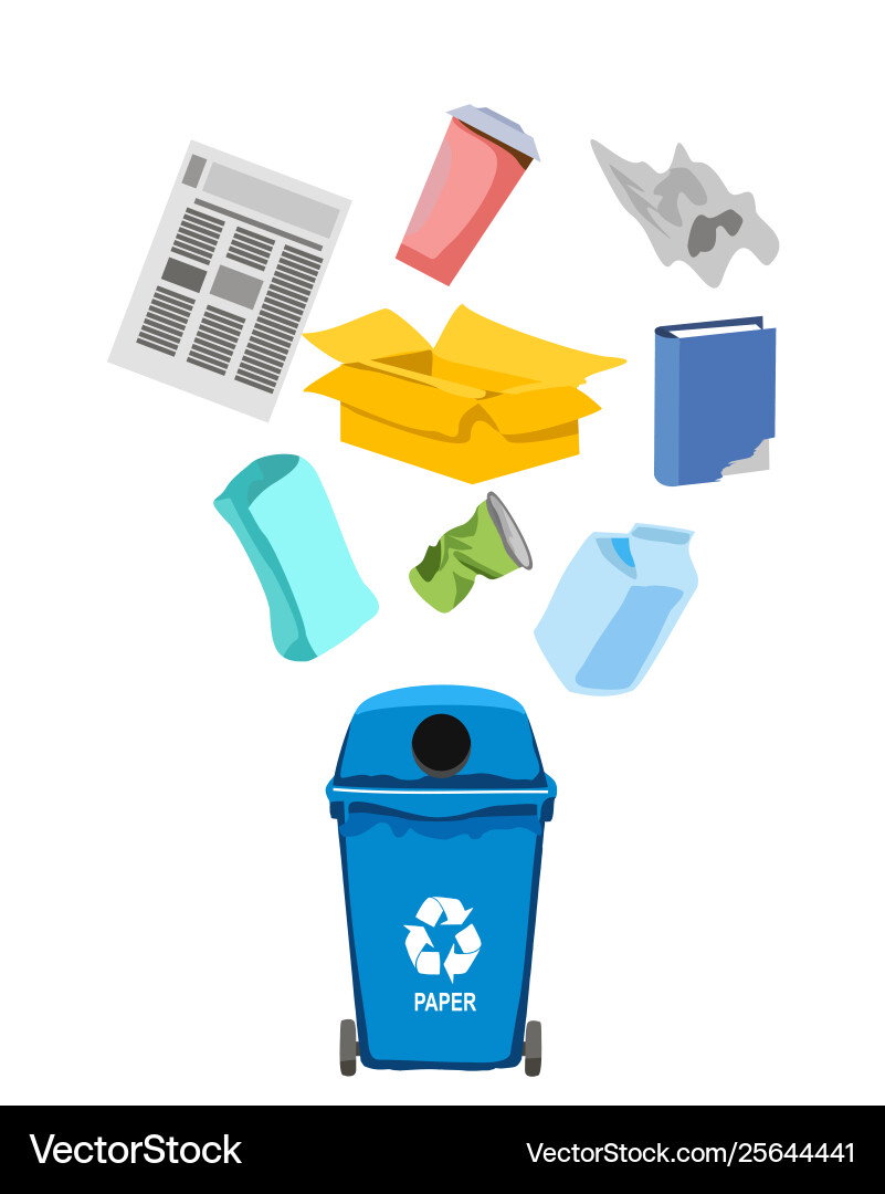 Garbage can with paper trash elements Vector Image